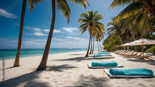 Tropical beach with palms and sunbeds