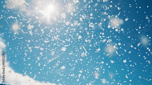 Abundant snowflakes falling, blue sky, 4K, superrealistic, wide frame photo