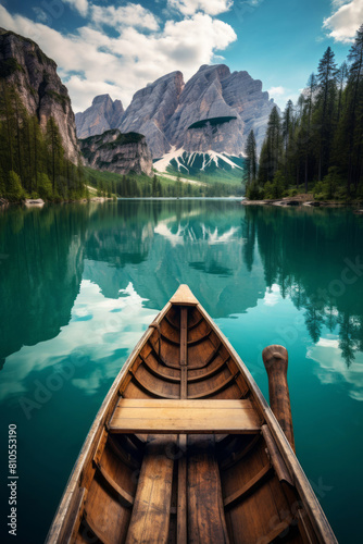Styled in weathercore  a boat in a blue lake with mountains at the end  wood  emerald and brown.