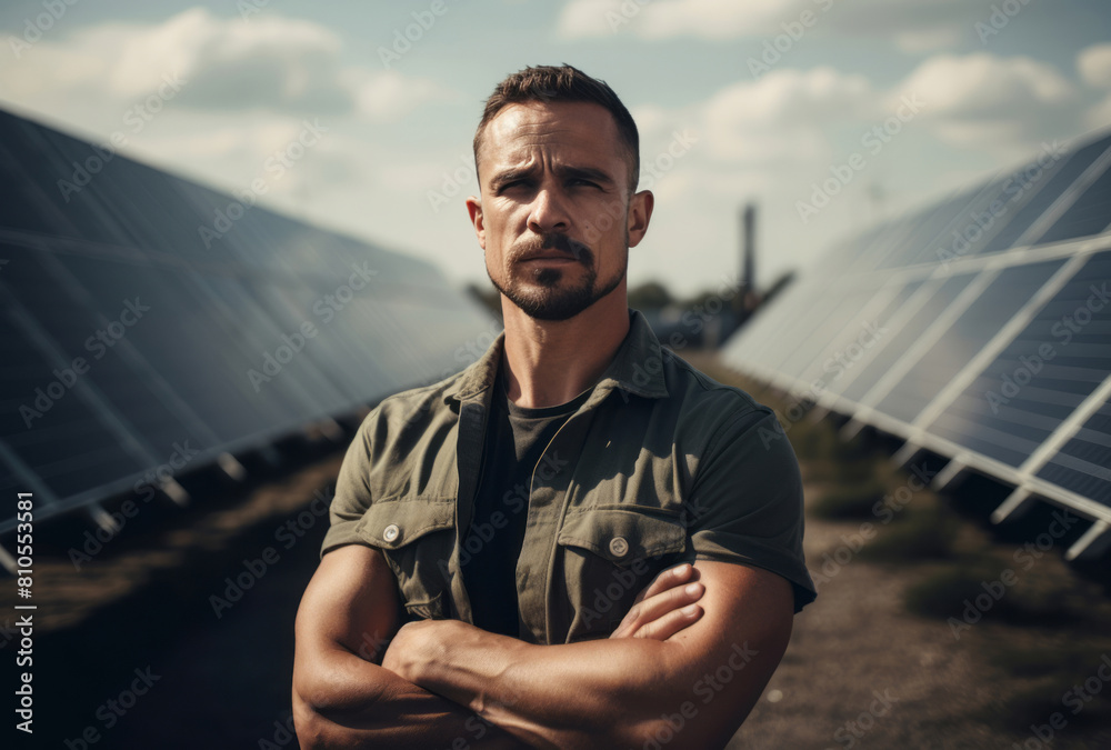 Fototapeta premium A man stands with his arms crossed in front of solar panel farms, portrayed in a distinct style.