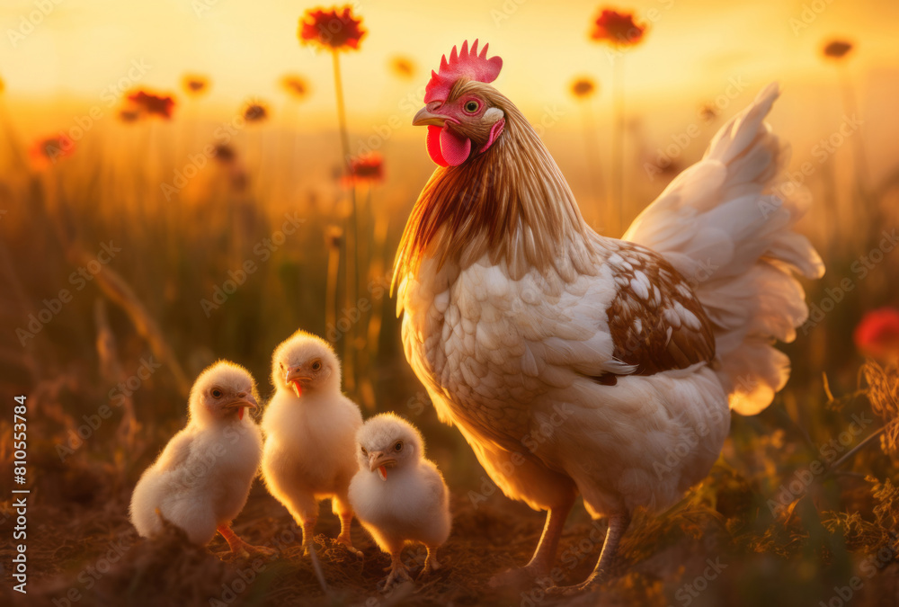 Fototapeta premium Styled with villagecore aesthetics, an heirloom chicken and her chicks are seen walking in the grass at sunset.