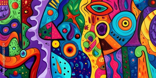 With absurd doodles and organic flowing forms, colorful shapes create an abstract colored artwork. photo