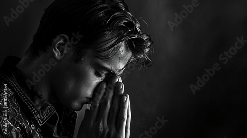 Religious young man praying to God on dark background
