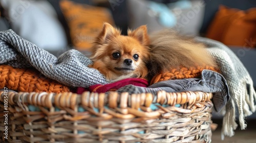 A cute, small, long-haired dog sits in a wicker basket, looking out at the world with its big, round eyes