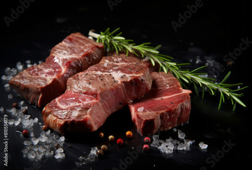 Steak pieces on a hard black surface exhibit a large-scale, light maroon style.