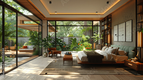 a contemporary bedroom connected with nature