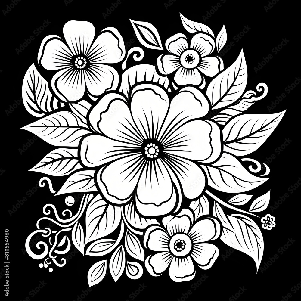 Flower coloring page illustration for kids and children on a black background