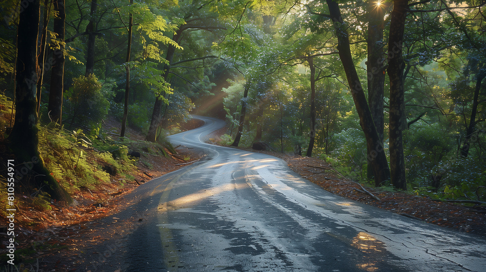 a winding road leading through a dense forest a winding road leading through a dense forest