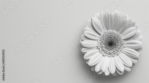   A white flower, tightly framed against a gray backdrop, its black center imposingly prominent at the heart photo