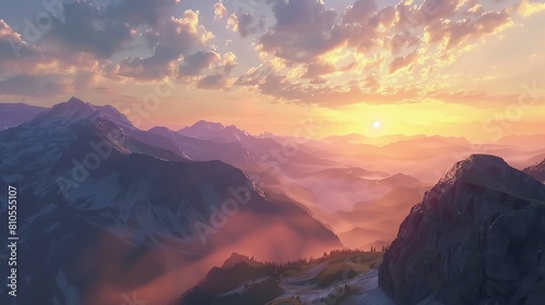 Dusk falling over mountain crests, sunset, 4K, superrealistic, clear horizon