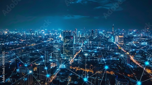 A highangle night view of a bustling city lit by networks, depicting the energy and connectivity of urban life photo
