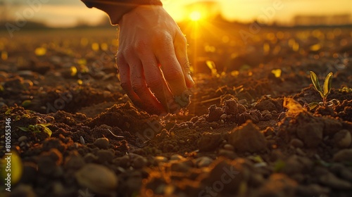 Close-up of hands planting seeds in fertile soil, framed by a rural landscape under a soft sunset.