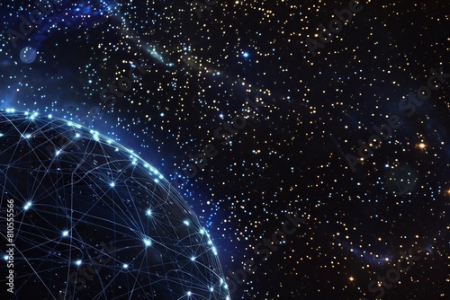 A networked globe with a backdrop of stars  emphasizing global connectivity and spaceage technology