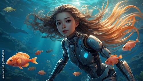 Female Robot in the underwater world.