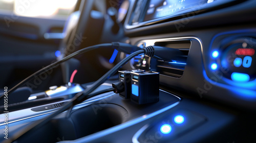 Car charger adapter plugged into a vehicle's dashboard outlet, equipped with fast-charging technology and multiple USB ports to keep smartphones and tablets powered up during road trips. photo
