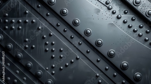 The image shows a close-up of a metal surface with rivets. The surface is dark and has a rough texture. The rivets are silver and have a shiny finish.
