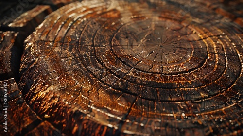 Close-up photo of a tree trunk cross-section. Wood grain texture, Natural beauty and story of a tree.