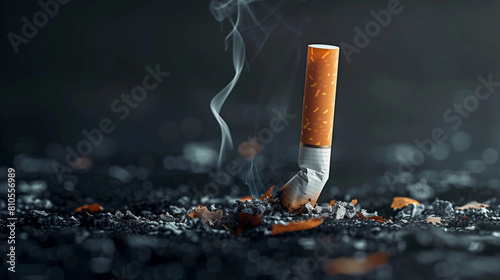 Closeup of floating smoked cigarette butt with flames on dark black background for nicotine death anti smoking toxic lung cancer addiction health quit tobacco advert modern danger campaign