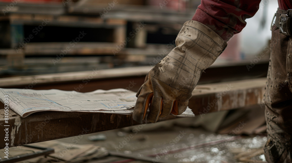 Construction worker in dirty gloves holds and reviews building plans on a cluttered construction site.