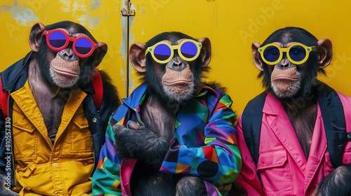 Fun and quirky animal birthday party invitation design . Funky ape characters in colorful outfits for party invitations. 