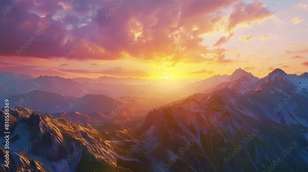 Mountains bathed in sunset twilight, 4K, superrealistic, wide frame