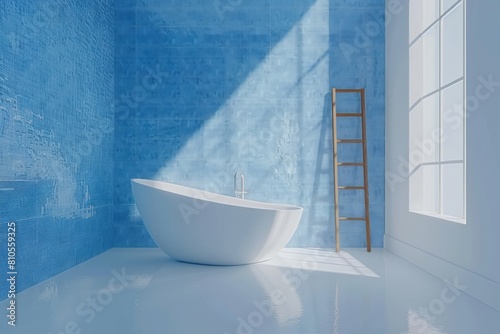 Modern bathroom with blue mosaic tiles on the wall and white floor  featuring a freestanding bathtub