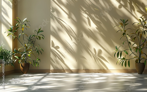 A large white wall with a tree hanging on it  casting soft shadows and creating an inviting atmosphere in the room. Created with Ai