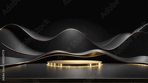  Gold black podium background 3D golden product line stage dark platform wave display. Design podium black luxury gold light scene pedestal presentation showcase event beauty shine object cosmetic 