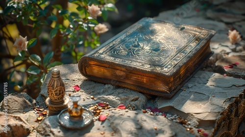 Ancient spellbook with intricate decorations near mystical artifacts in daylight.