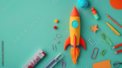 Rocket made of plasticine with different stationery on