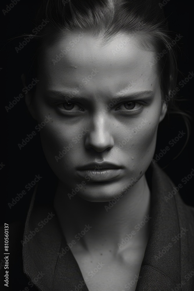 Intense gaze of a serious young woman