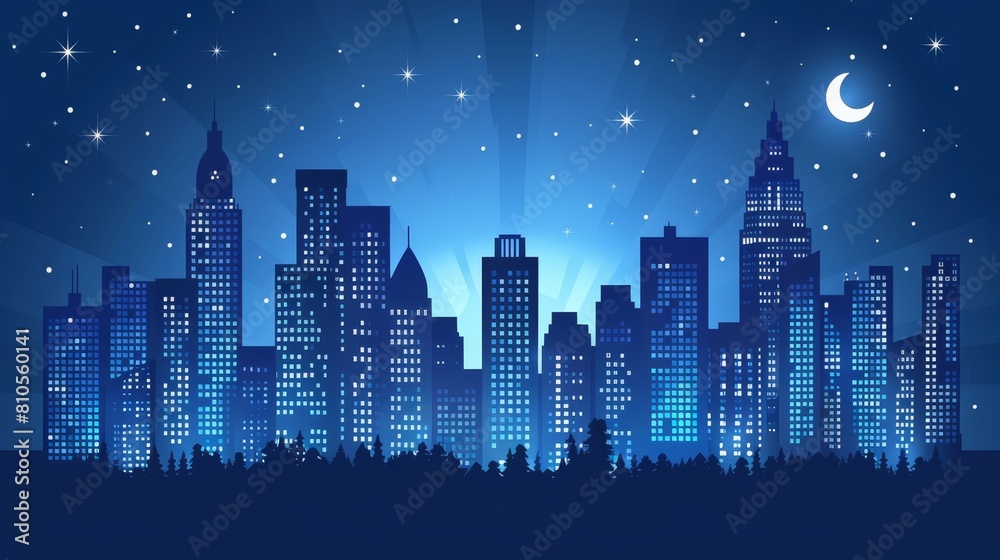   A night cityscape with stars, a crescent moon, and a full moon in the sky