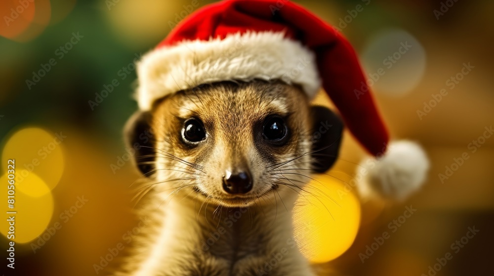 Fototapeta premium Cute meerkat wearing santa hat