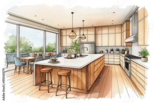 Colorized architectural sketch of modern  stylish open-plan kitchen with central island. Sleek design  ample space  contemporary.