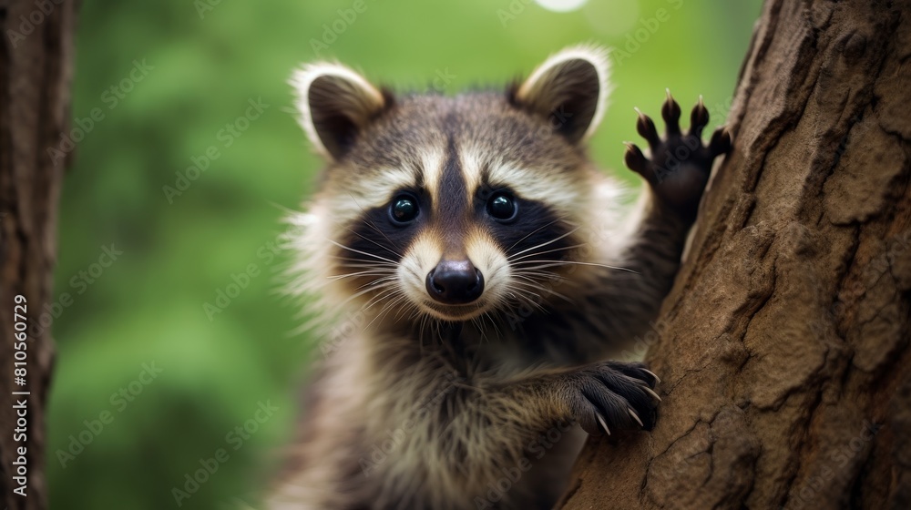 Curious raccoon peeking out from tree