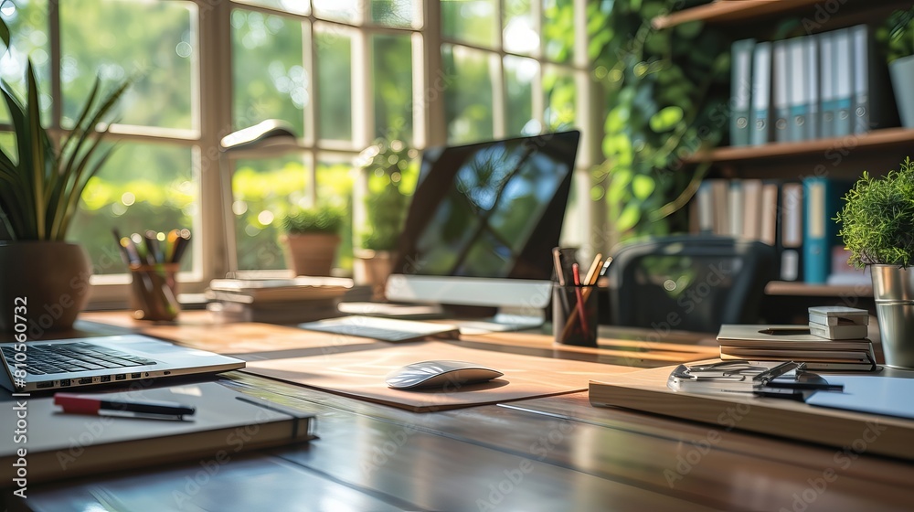 Modern home office setup with sleek furniture and high-tech gadgets for efficient remote work Modern home office setup with sleek furniture and high-tech gadgets for efficient remote work