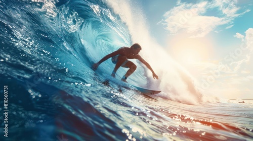 Young surfer surfs a big ocean wave in a tropical sea. © Phoophinyo