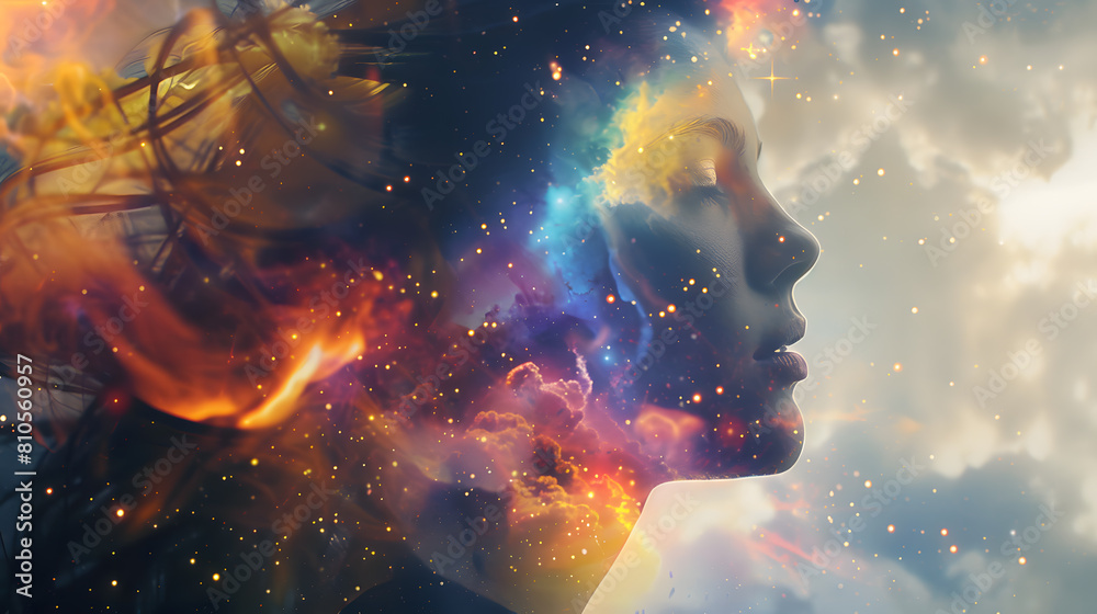 beautiful woman enveloped by the captivating allure of a space nebula, transcending earth. beauty of a woman's features enhanced by the vibrant and expressive strokes of a digital paint splash. beautiful woman enveloped by the captivating allure of a space nebula, transcending earth. beauty of a woman's features enhanced by the vibrant and expressive strokes of a digital paint splash.