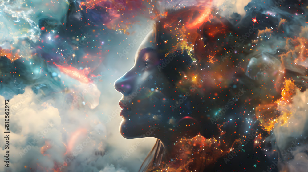 beautiful woman enveloped by the captivating allure of a space nebula, transcending earth. beauty of a woman's features enhanced by the vibrant and expressive strokes of a digital paint splash. beautiful woman enveloped by the captivating allure of a space nebula, transcending earth. beauty of a woman's features enhanced by the vibrant and expressive strokes of a digital paint splash.