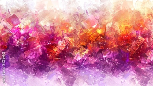   A multicolored abstract painting features squares and rectangles against a white backdrop  employing a vibrant color scheme of red  yellow  purple  and orange