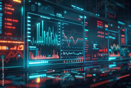 Futuristic financial graphs showing market trends on a digital display