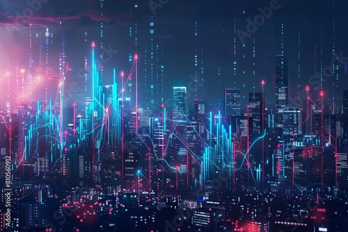 Futuristic cityscape with glowing digital financial graphs photo