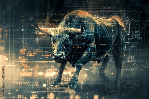 Futuristic depiction of a bull in digital graphics, emphasizing aggressive market trends