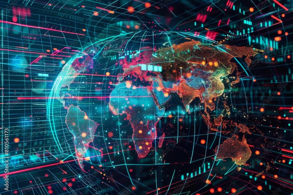 Global trade and data exchange illustrated through vibrant digital maps Global trade and data exchange illustrated through vibrant digital maps