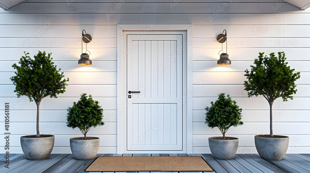 modern house front entrance wooden door with flowerpot 