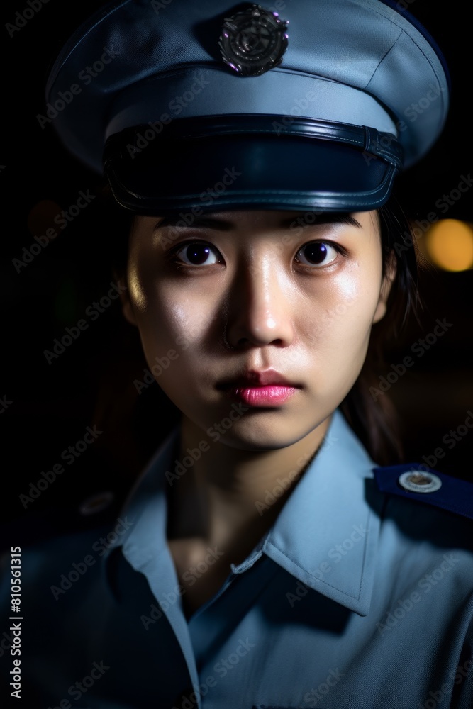 Serious asian police officer in uniform
