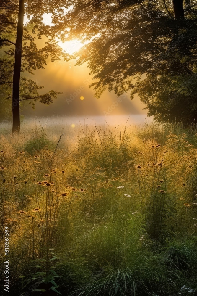Serene autumn forest landscape with sunlight streaming through the trees Serene autumn forest landscape with sunlight streaming through the trees