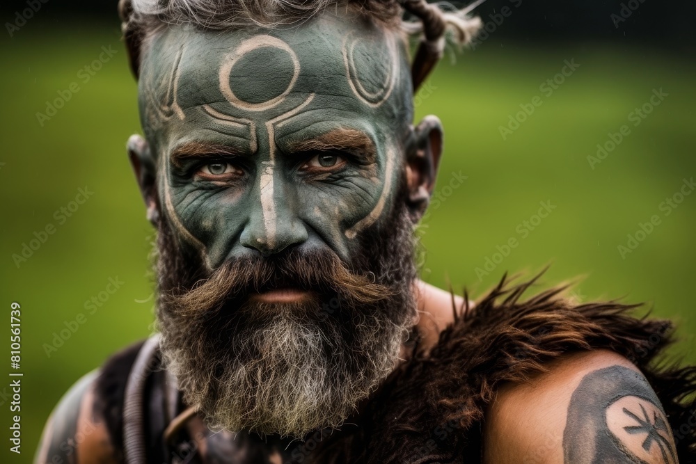 Intense warrior with tribal face paint and beard