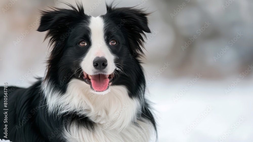   A tight shot of a black-and-white canine with an opened mouth, revealing its tongue