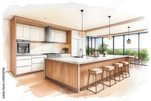 Colorized architectural sketch of modern  stylish open-plan kitchen with central island. Sleek design  ample space  contemporary.